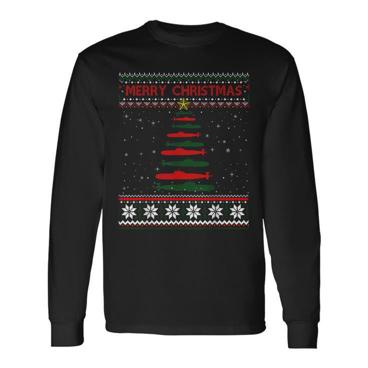 Submarine Navy Military Tree Ugly Christmas Sweater Long Sleeve T-Shirt