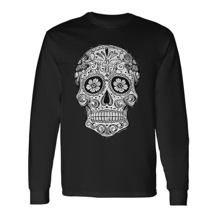 Sugar Skull Black White Image Day Dead Dios De Los Muertos Long Sleeve T-Shirt
