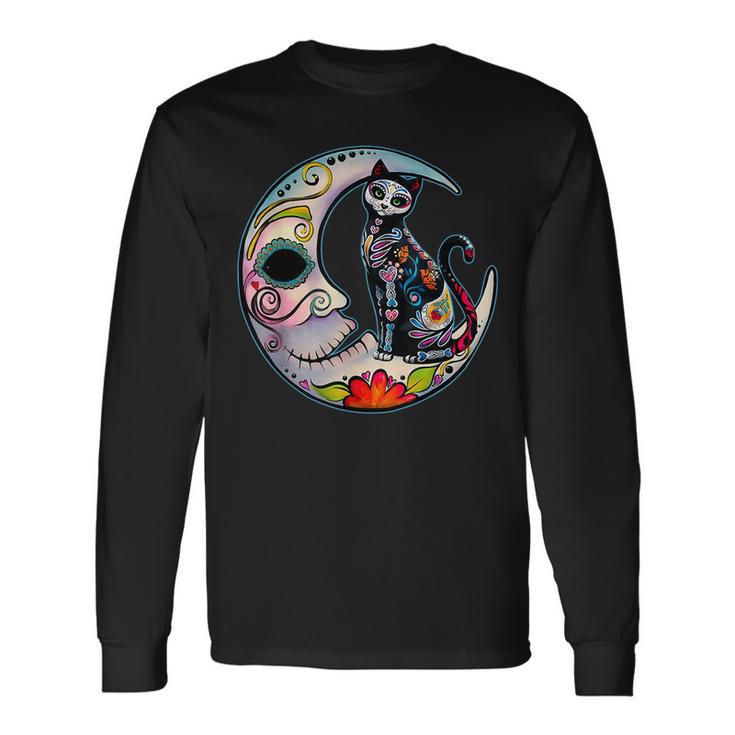 Sugar Skull Moon Cat Mexican Day Of Dead Dia De Los Muertos Long Sleeve