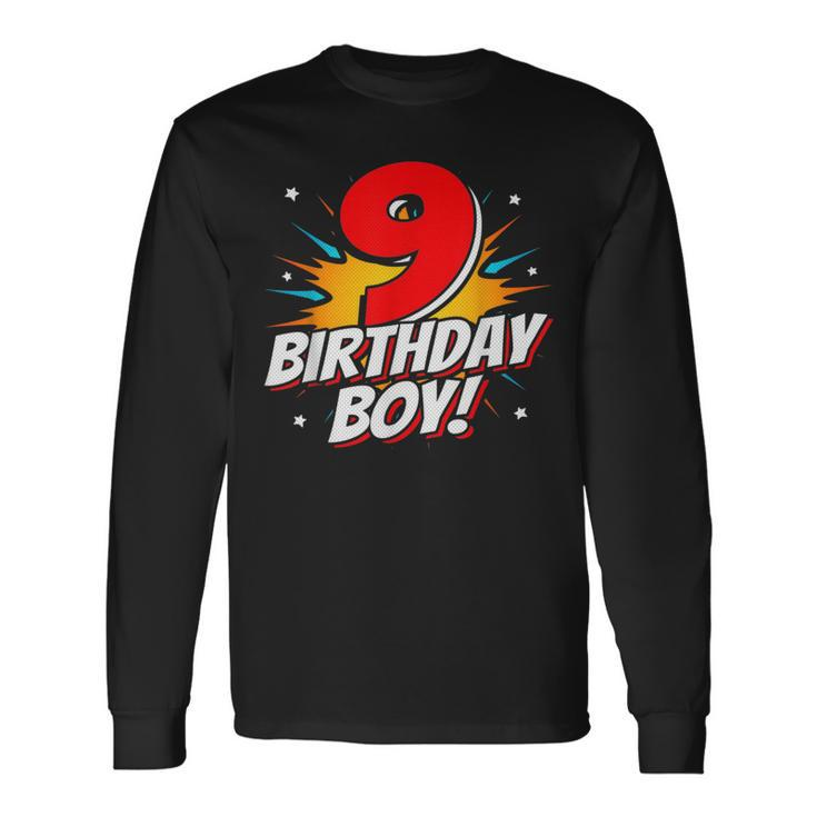 Superhero Birthday Boy Party 9 Year Old 9Th Birthday Long Sleeve T-Shirt