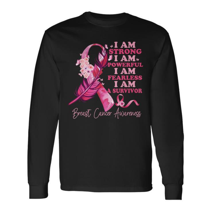 I Am A Survivor Breast Cancer Awareness Pink Ribbon Feathers Long Sleeve T-Shirt