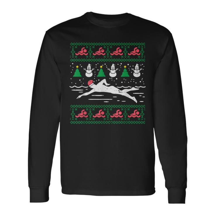 Swimmin Santa Ugly Christmas Sweater Sport Swim Swimmer Long Sleeve T-Shirt