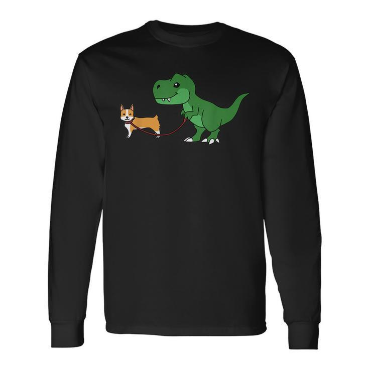 T Rex Dinosaur Walking Corgi Dog Long Sleeve T-Shirt T-Shirt