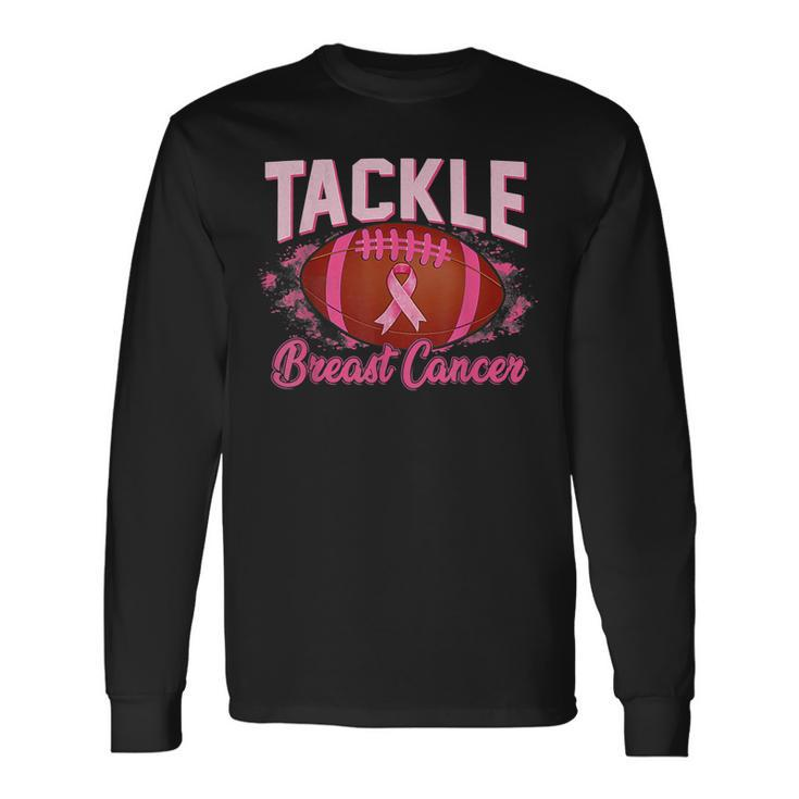 Tackle Football Pink Ribbon Warrior Breast Cancer Awareness Long Sleeve T-Shirt Gifts ideas