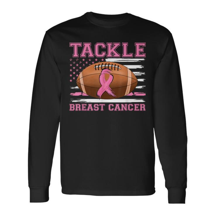 Tackle Football Pink Ribbon Warrior Breast Cancer Awareness Long Sleeve T-Shirt