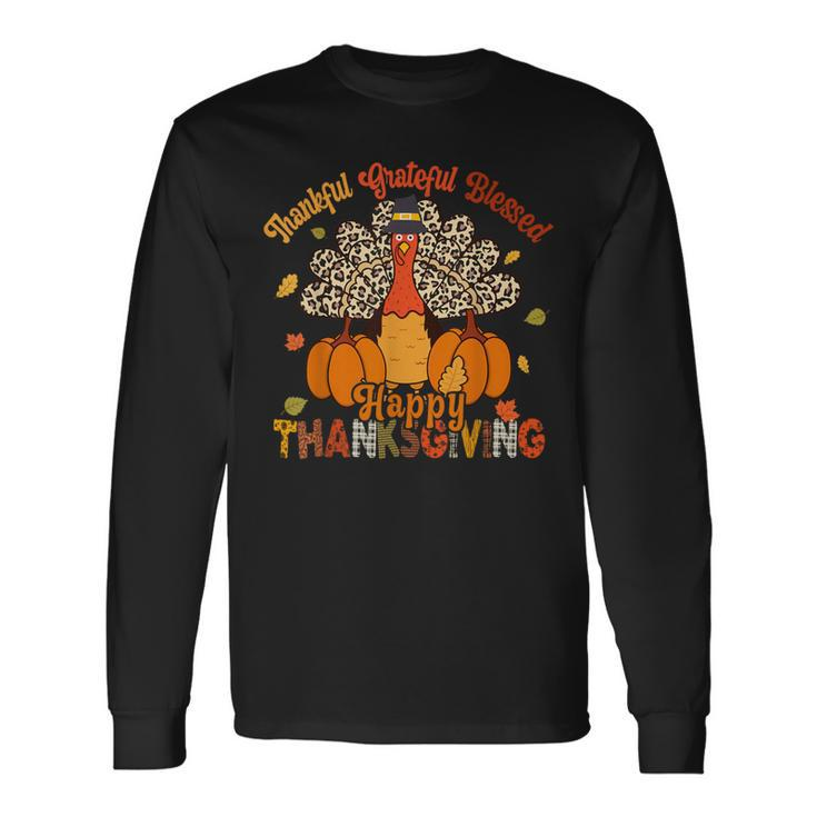 Thankful Grateful Blessed Thanksgiving Turkey Leopard Print Long Sleeve T-Shirt