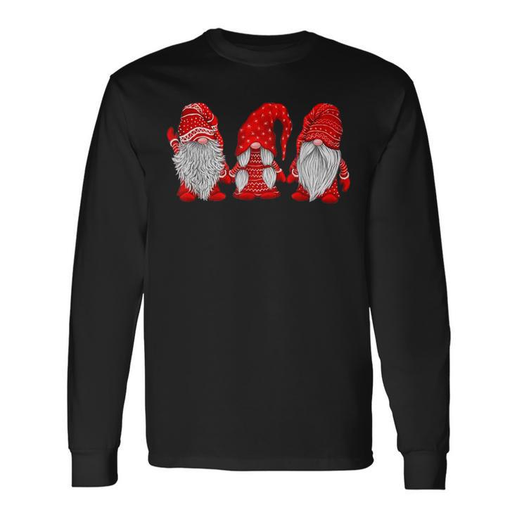 Three Gnomes In Red Costume Christmas Hanging With Gnomes Long Sleeve T-Shirt