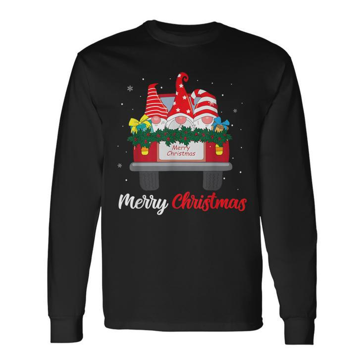 Three Gnomes In Red Truck With Merry Christmas Tree Family Long Sleeve T-Shirt