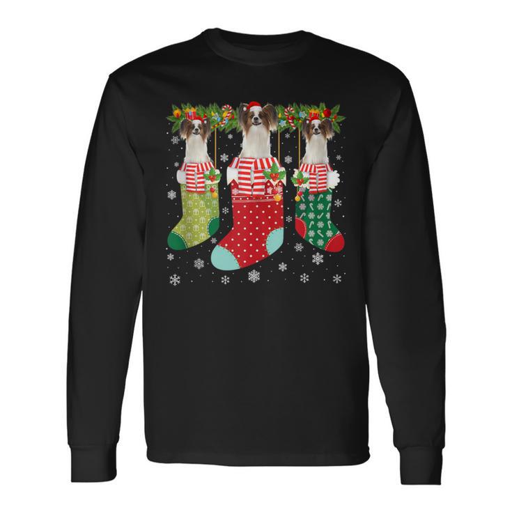 Three Papillon Dog In Socks Ugly Christmas Sweater Party Long Sleeve T-Shirt