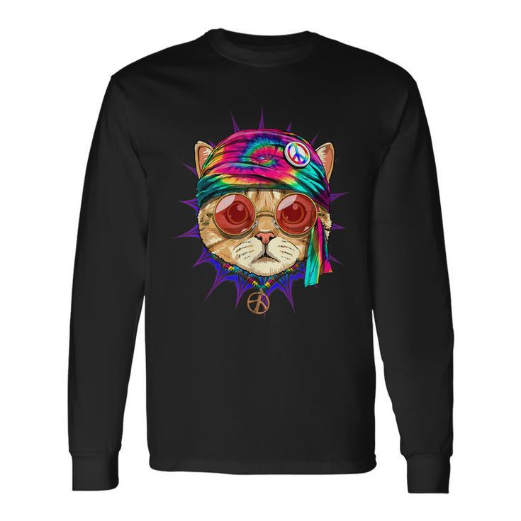 Tie Dye Cat Hippy Cat Peace Sign Cat Lover Long Sleeve T-Shirt