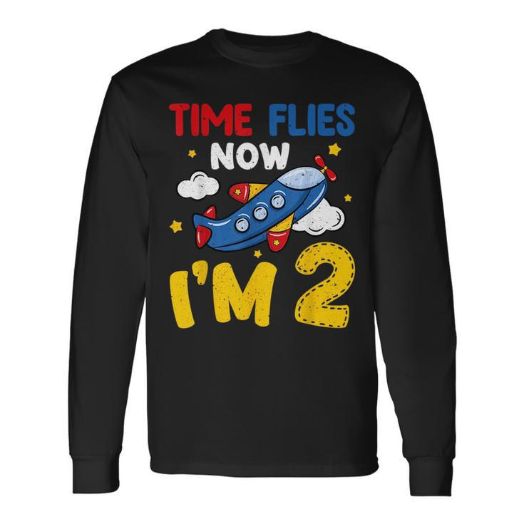 Time Flies Now Im 2 2Nd Birthday Airplane Decoration Party Long Sleeve T-Shirt