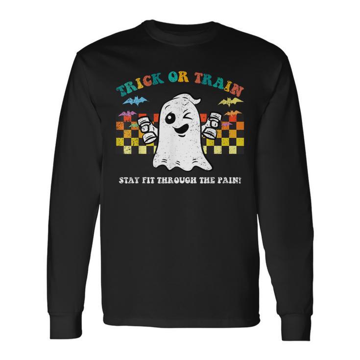 Trick Or Train Ghost Halloween Costume Fitnes Gym Workout Long Sleeve T-Shirt