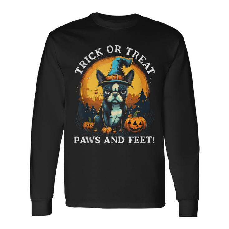 Trick Or Treat Paws And Feet Boston Terrier Halloween Puppy Long Sleeve T-Shirt