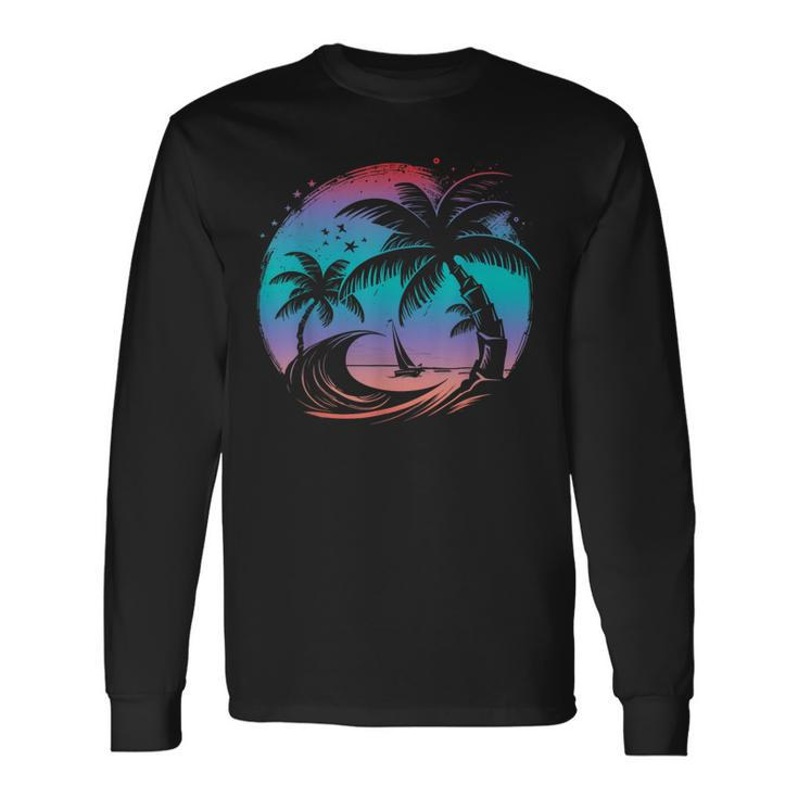 Tropical Palm Trees With Sailboat Beach Island Sunset Long Sleeve T-Shirt