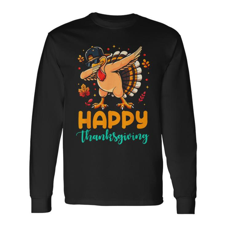 Turkey Dabbing Happy Thanksgiving Day Pilgrim Boys Men Long Sleeve T-Shirt