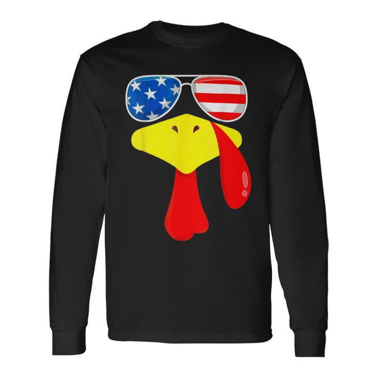 Turkey Face Thanksgiving Cute American Flag Sunglasses Long Sleeve T-Shirt