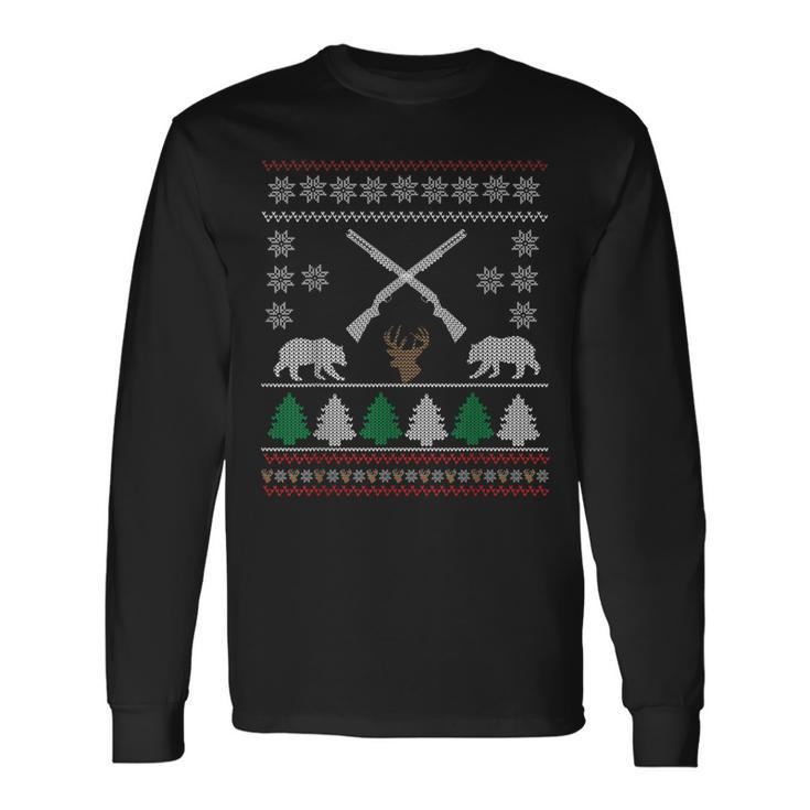 Ugly Christmas Sweater Hunting Gun Shooting Hunter Long Sleeve T-Shirt