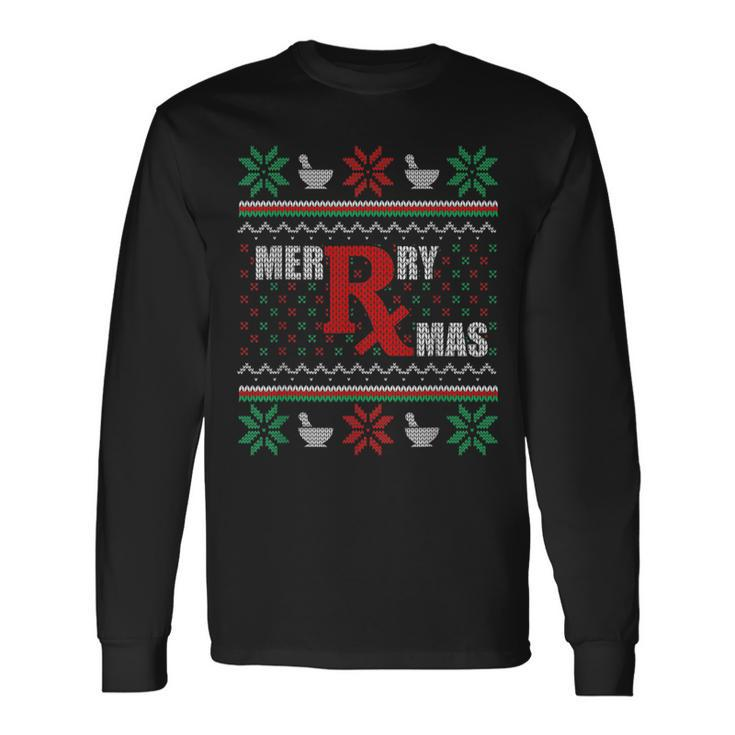 Ugly Christmas Sweater Pharmacy Tech Merry Xmas Pharmacist Long Sleeve T-Shirt