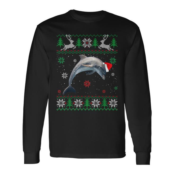 Ugly Sweater Christmas Dolphin Lover Santa Hat Animals Long Sleeve T-Shirt