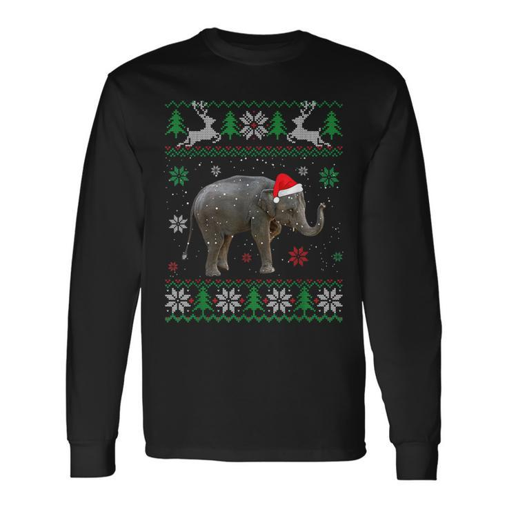Ugly Sweater Christmas Elephant Lover Santa Hat Animals Long Sleeve T-Shirt