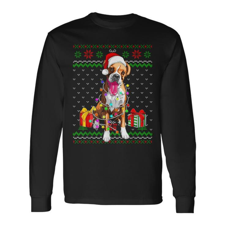 Ugly Sweater Christmas Lights Boxer Dog Lover Long Sleeve T-Shirt