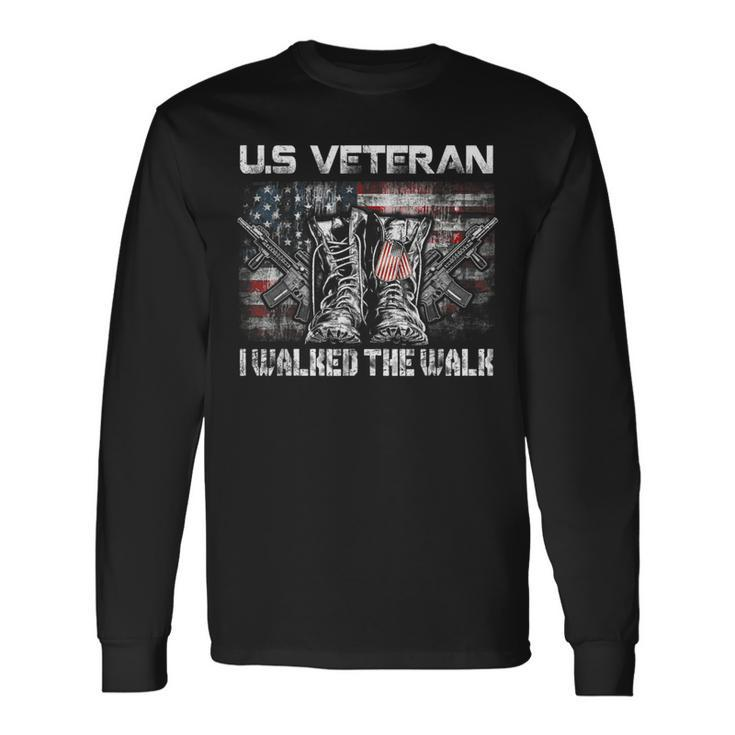 Us Veteran I Walked The Walk Combat Boots Dogtag Usa Flag Long Sleeve T-Shirt T-Shirt