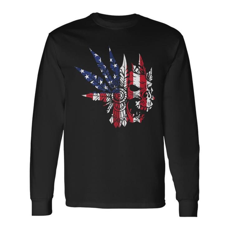 Usa American Flag Skull Skeleton Biker Style Idea Biker Long Sleeve T-Shirt T-Shirt
