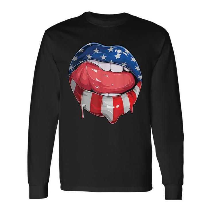 Usa Flag Dripping Lips 4Th Of July Patriotic American Long Sleeve T-Shirt