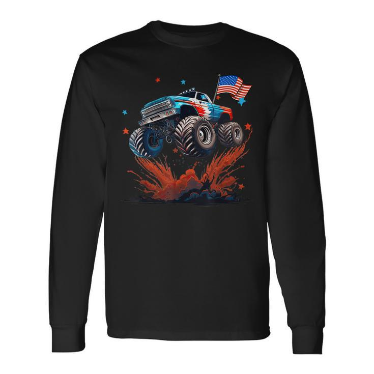 Usa Patriotic Monster Truck Jump Colorful Red White Blue Long Sleeve