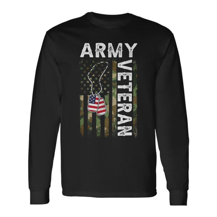 Veteran Vets Us Army Veteran Usa America Camo Flag And Military Dog Tag Veterans Long Sleeve T-Shirt