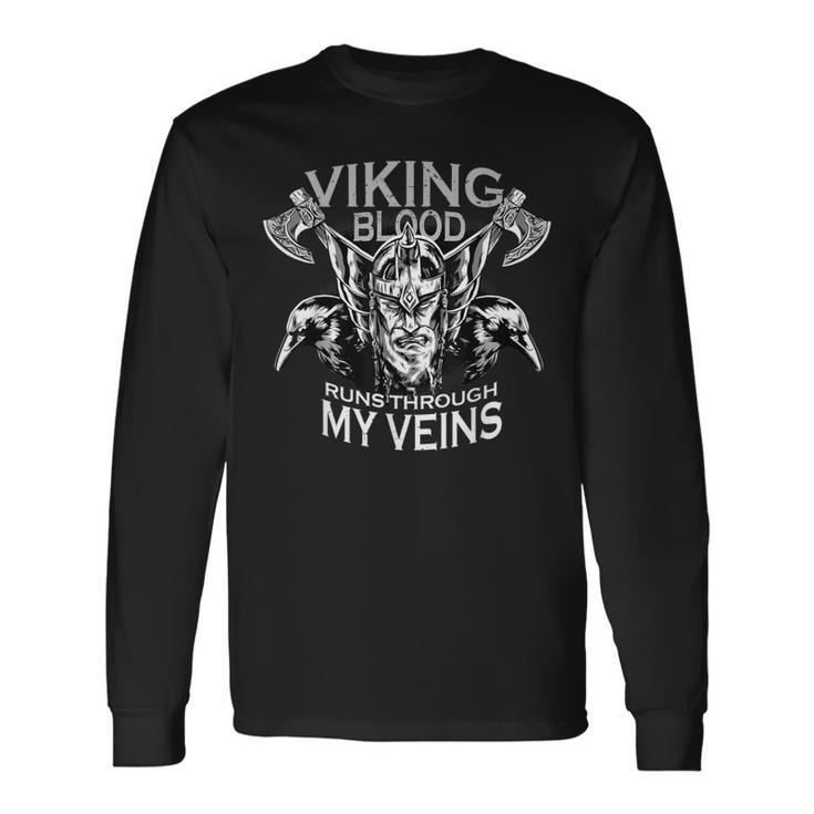 Viking Blood Runs Through My Veins Bearded Viking Warrior Long Sleeve T-Shirt