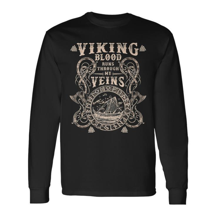 Viking Blood Runs Through My Veins Viking Ship Urnes Style Long Sleeve T-Shirt