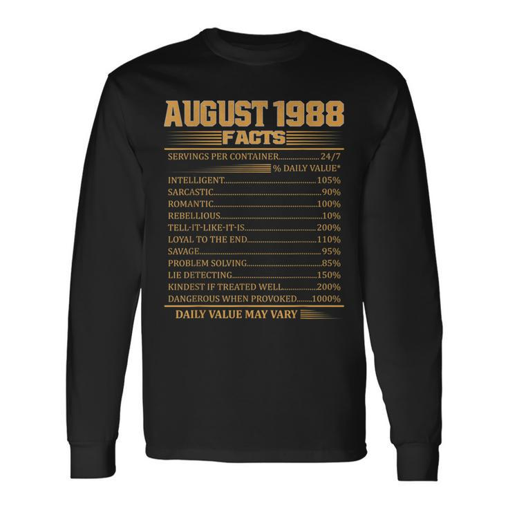 Vintage 30Th Birthday Made In August 1988 Facts Long Sleeve T-Shirt T-Shirt