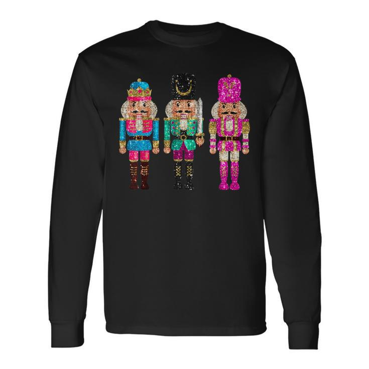 Vintage Sequin Cheerful Sparkly Nutcrackers Christmas Long Sleeve T-Shirt