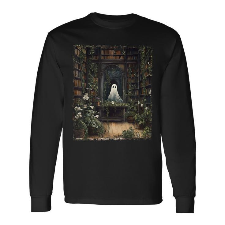 Vintage Halloween Spooky Ghost In The Library Gothic Long Sleeve T-Shirt