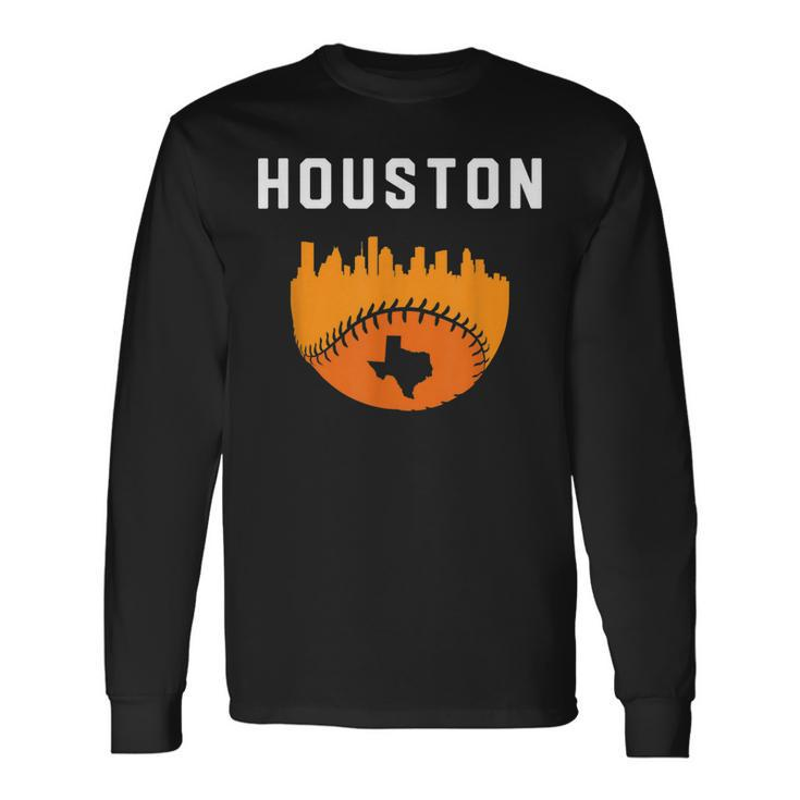 Vintage Houston Texas Cityscape Baseball Graphic Long Sleeve T-Shirt