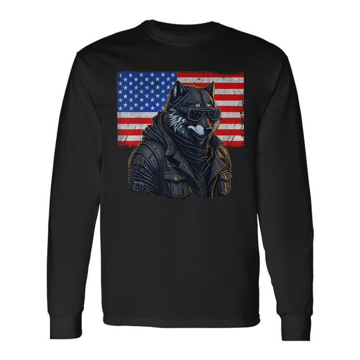 Vintage Patriotic Biker Wolf Shades Rustic American Flag Usa Long Sleeve T-Shirt T-Shirt Gifts ideas