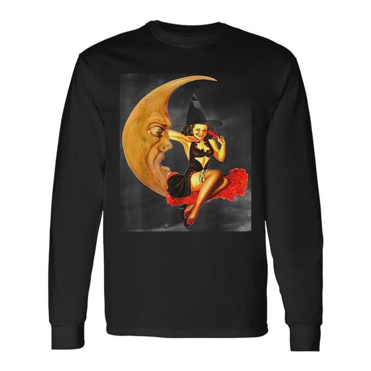 Vintage Pin Up Girl Witch On Moon Halloween Moon Long Sleeve T-Shirt T-Shirt