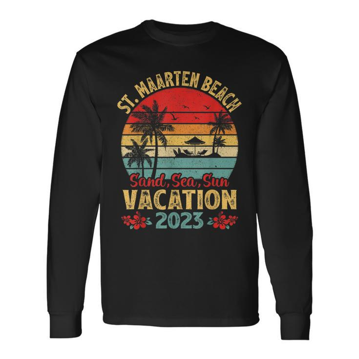 Vintage Sand Sea Sun Vacation 2023 St Maarten Beach Long Sleeve T-Shirt