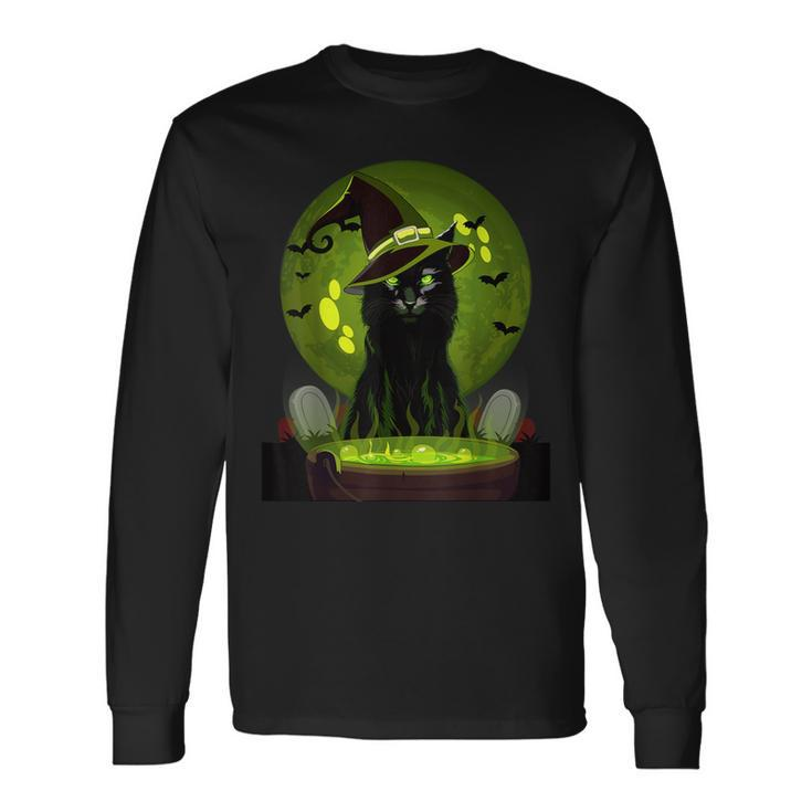 Vintage Scary Halloween Cat Witch Hat Moon Costume Long Sleeve T-Shirt