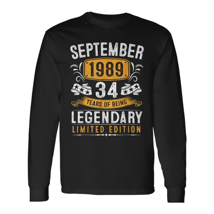 Vintage September 1989 34 Years Old 34Th Birthday Long Sleeve T-Shirt