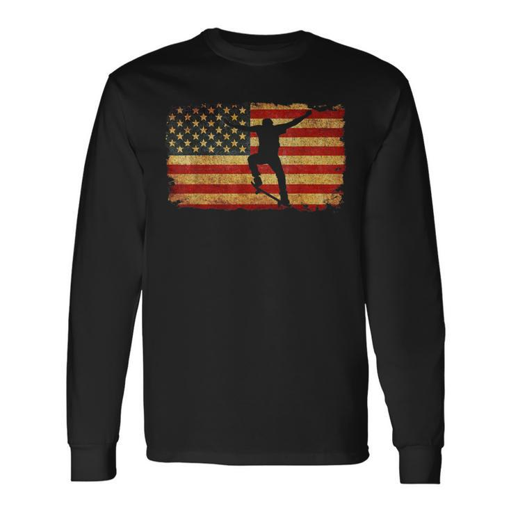 Vintage Us Flag Skateboarding T Retro Skateboard Long Sleeve T-Shirt