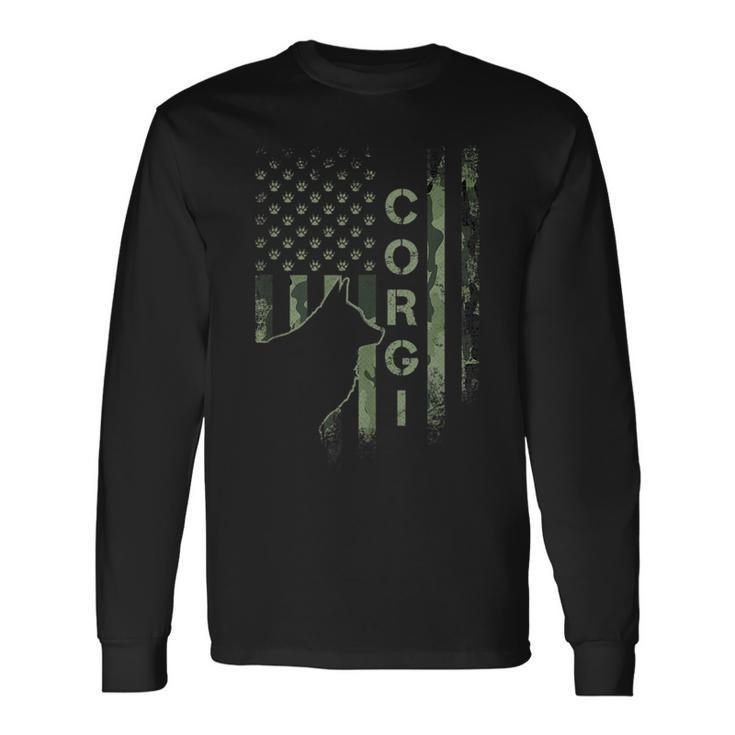 Vintage Usa American Camo Flag Corgi Dog Love Silhouette Long Sleeve T-Shirt T-Shirt