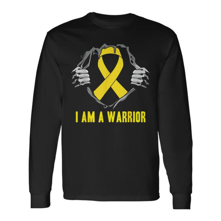 I Am A Warrior Childhood Cancer Awareness Gold Ribbon Long Sleeve T-Shirt