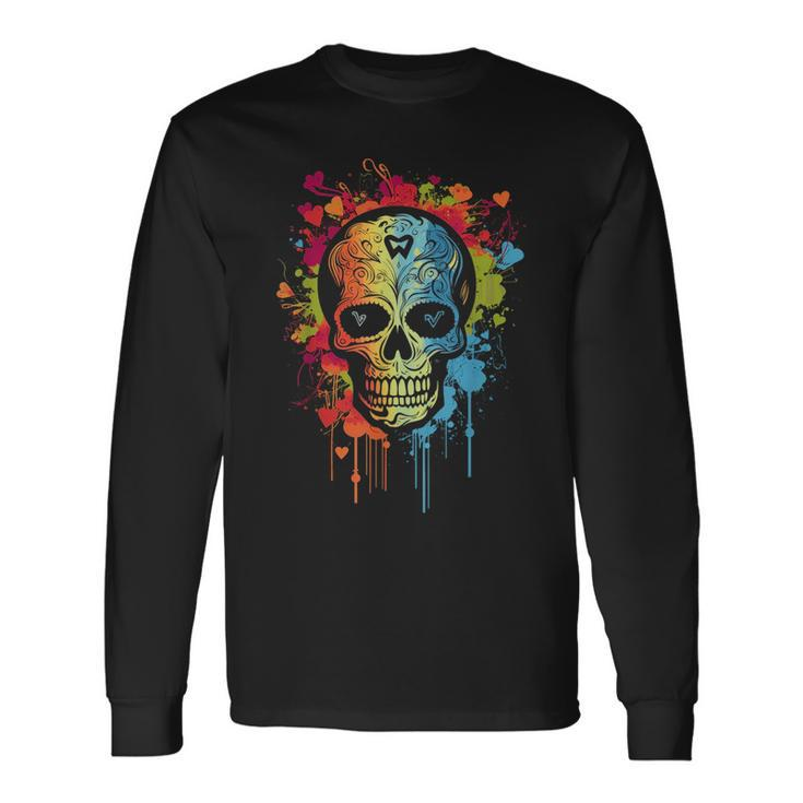 Watercolor Skull Graphic Color Skull Halloween Long Sleeve T-Shirt