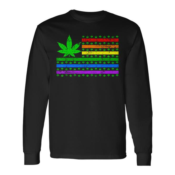 Weed Marijuana Cannabis Gay Lgbt Pride American Flag Trans Long Sleeve T-Shirt T-Shirt