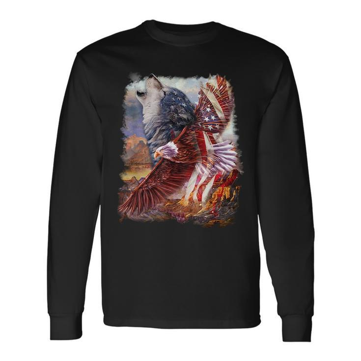Wolf With Bald Eagle American Flag Long Sleeve T-Shirt