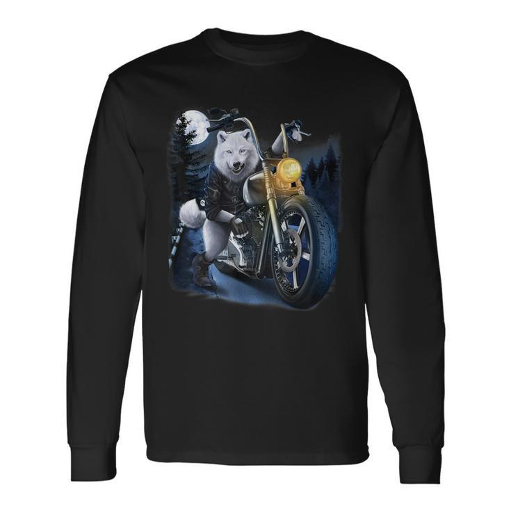 Wolf Riding Chopper Motorcycle In Full Moon Long Sleeve T-Shirt