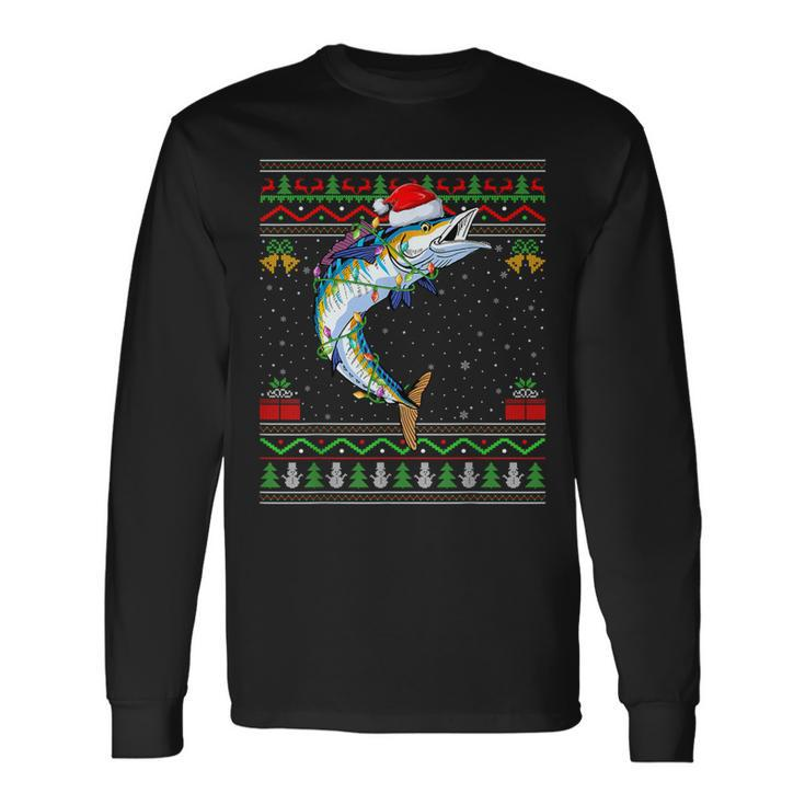 Xmas Lights Ugly Sweater Style Santa Wahoo Fish Christmas Long Sleeve T-Shirt