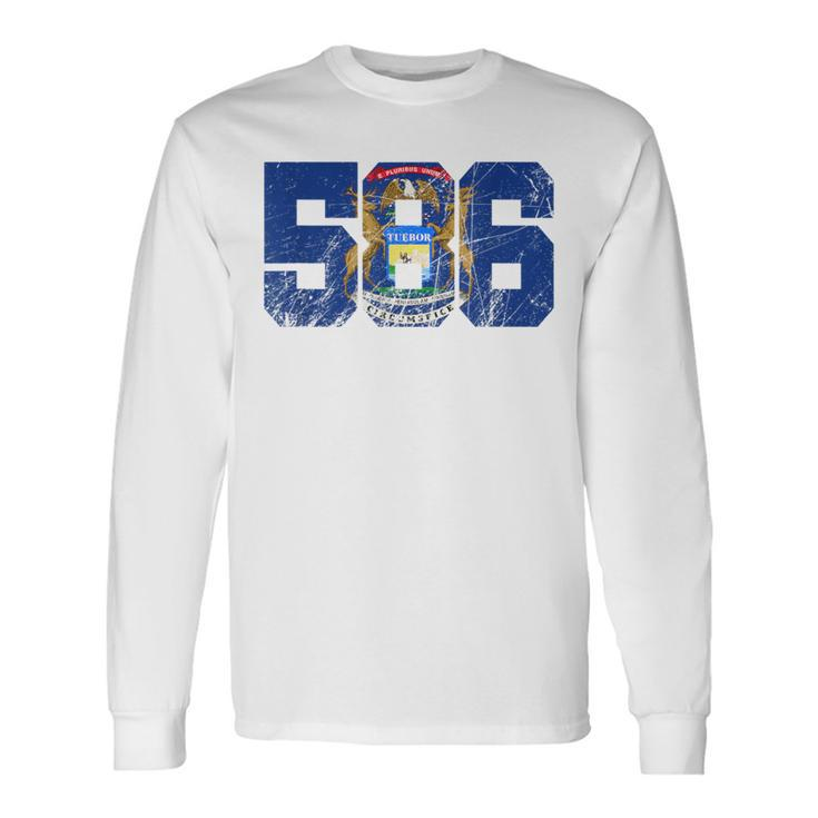 586 Area Code Flag Of Michigan State Macomb County Long Sleeve T-Shirt